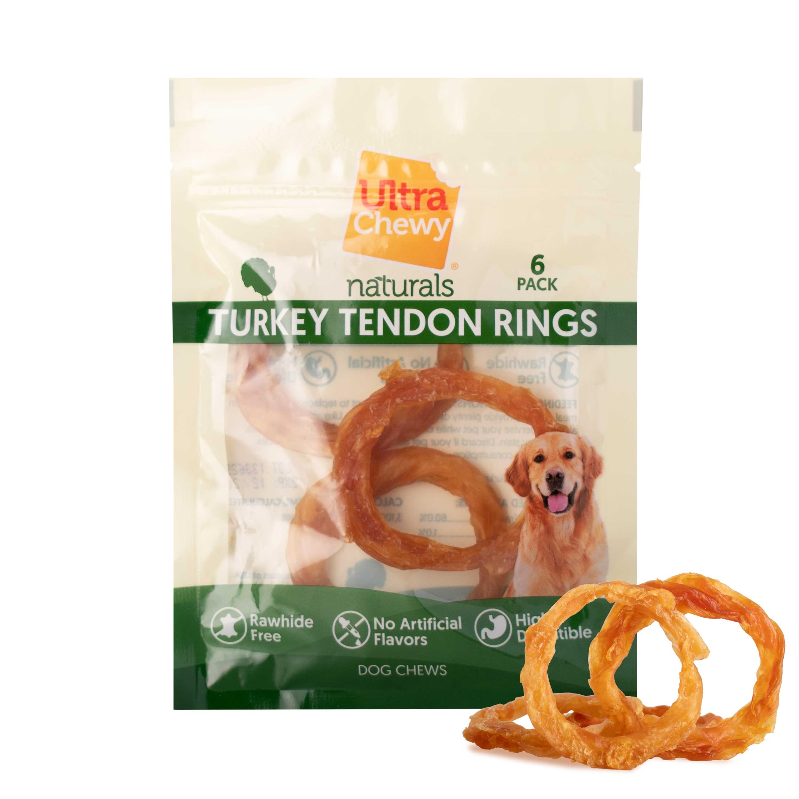 Ultra Chewy Lot de 6 anneaux de tendon de dinde pour chiens - Tendons naturels de qualité supérieure - Friandises hypoallergéniques - Facile à digérer - Alternative au cuir brut