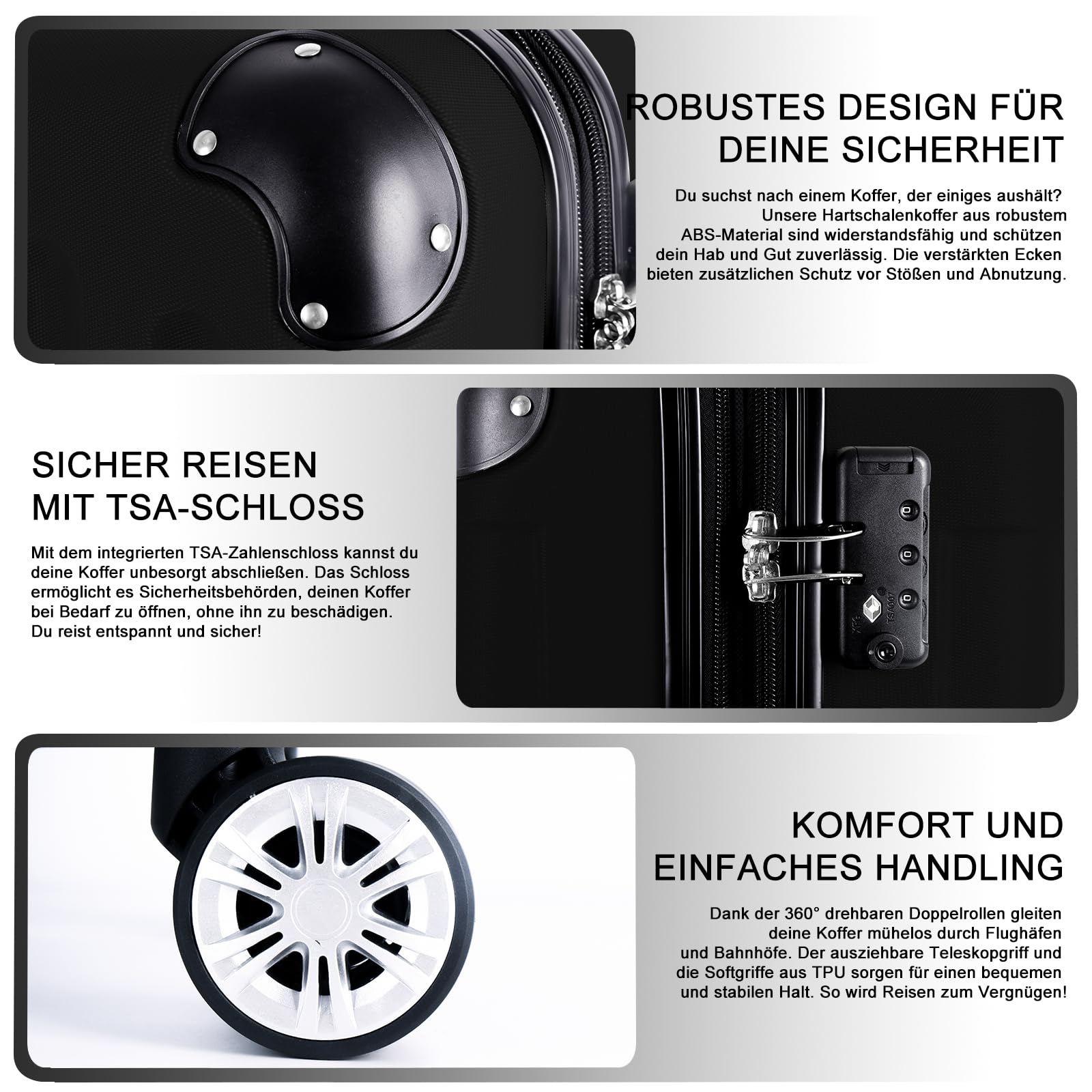 Juego de 3 maletas rígidas de ABS, cerradura TSA, capacidad ampliable - en M, L, XL - protección de esquinas, ruedas dobles giratorias 360° y asa telescópica, aptas para equipaje de mano y apilables