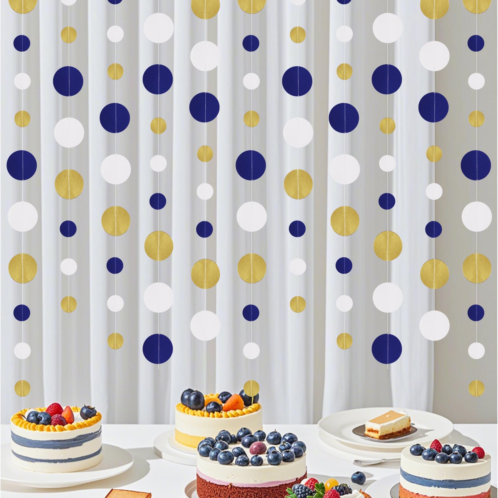 15,8 m, marineblau, weißgold, Party-Dekorationen, Kreise, Punkte, Girlande, Königsblau, Weiß, Gold, Punkte, Luftschlangen für Abschlussfeier, Geburtstag, Hochzeit, Brautparty, Babyparty,