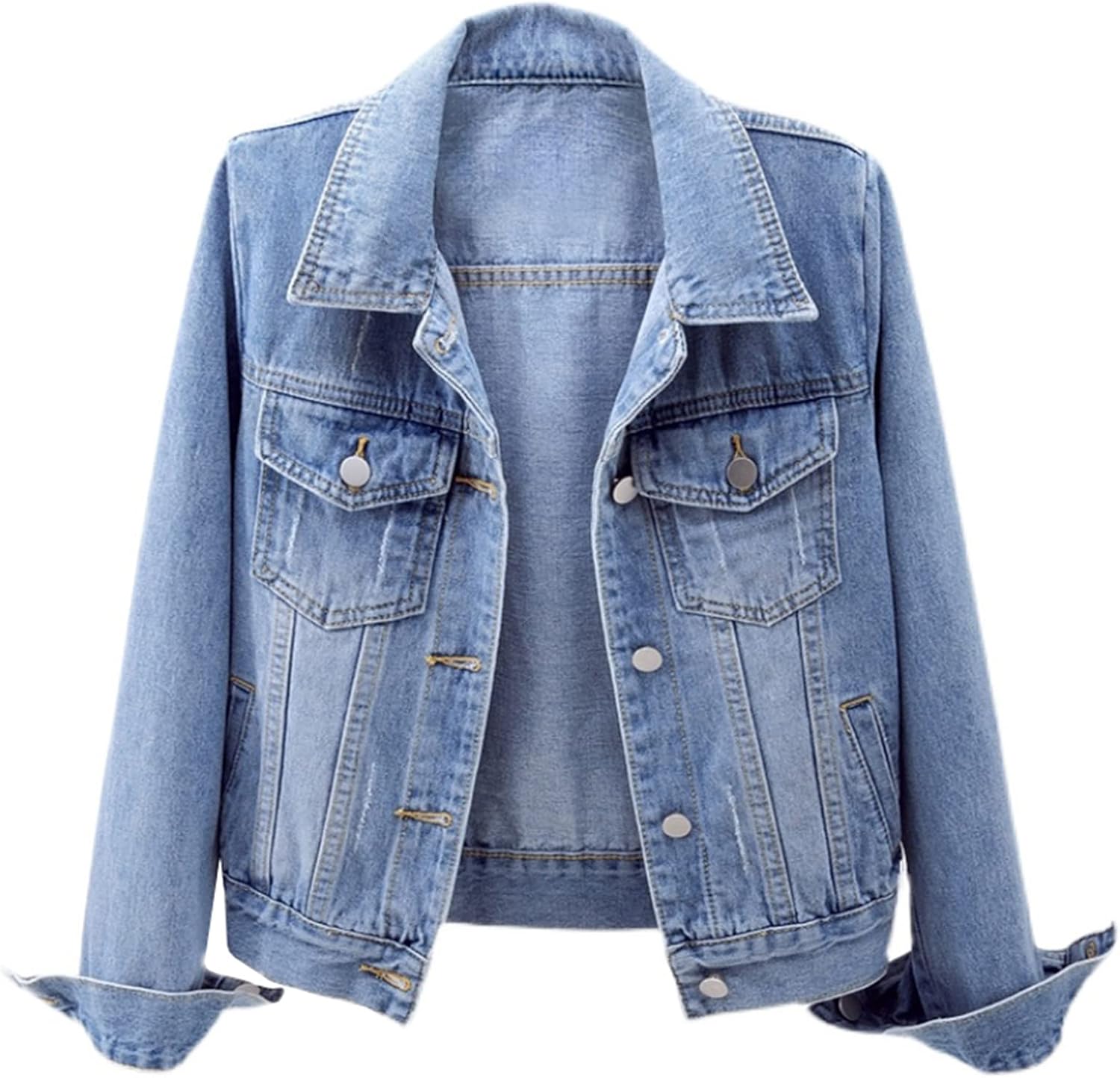 Cyparel Women Basic Denim Jacket Button Down Long Sleeve Distressed Ripped Boyfriend Jean Jacket