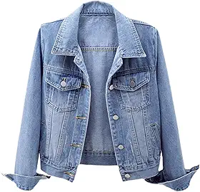 Jaqueta jeans feminina básica de manga comprida com botões envelhecida