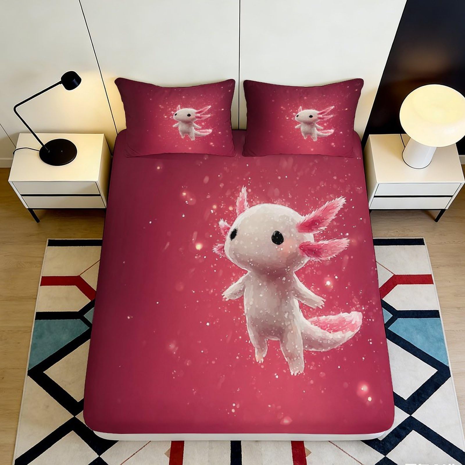 3D Printed Cute Axolotl Fitted Sheet Microfiber Pink Cartoon Bedroom Decor Bed Cover for Home Guest Room 90x200x25cm