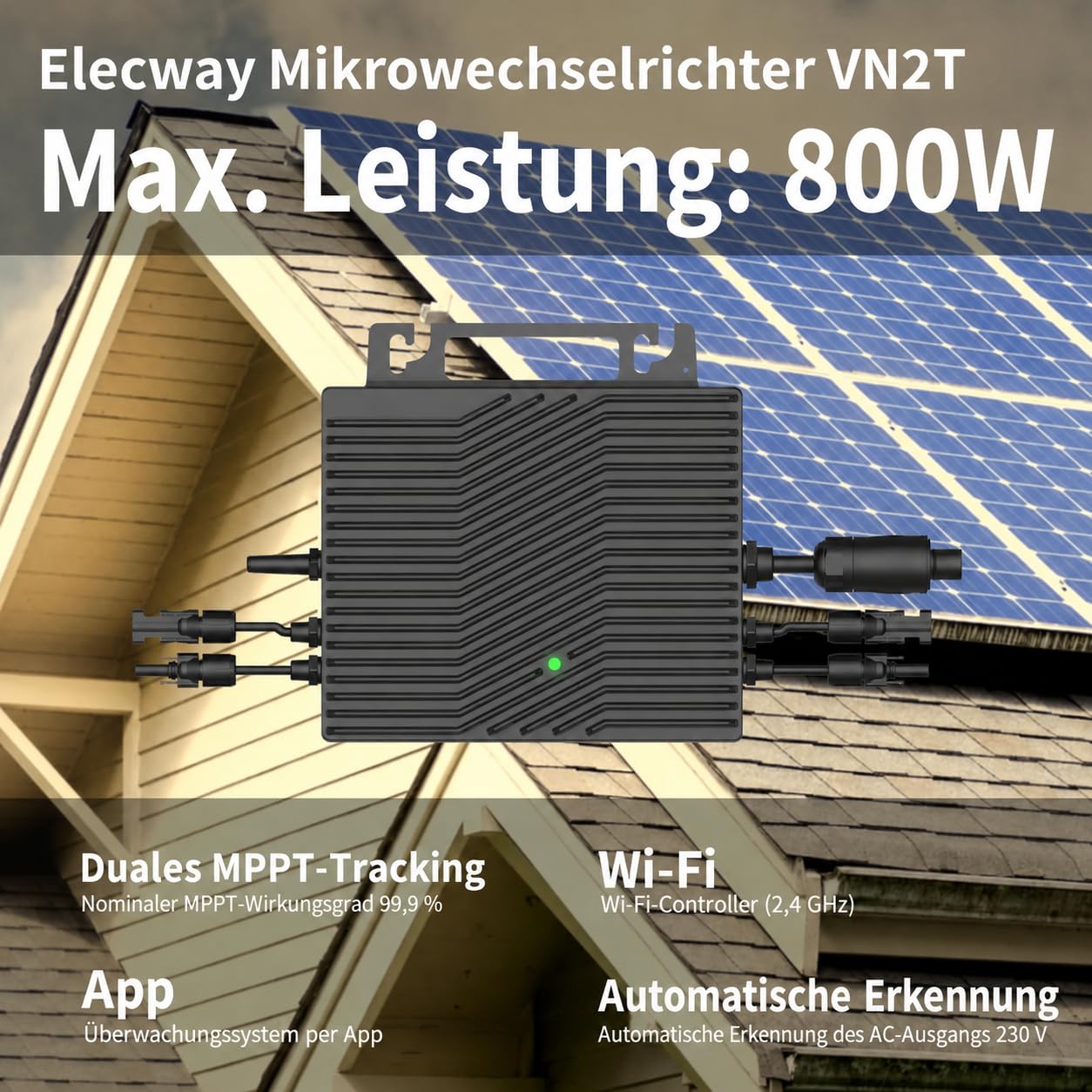 VN2T08 800W Netz-Mikro-Wechselrichter, Dual MPPT 16-60V DC, App-Steuerung über WLAN, VDE PV Zertifiziert, Plug & Play, IP67, ideal für Balkonkraftwerke, 0% MwSt