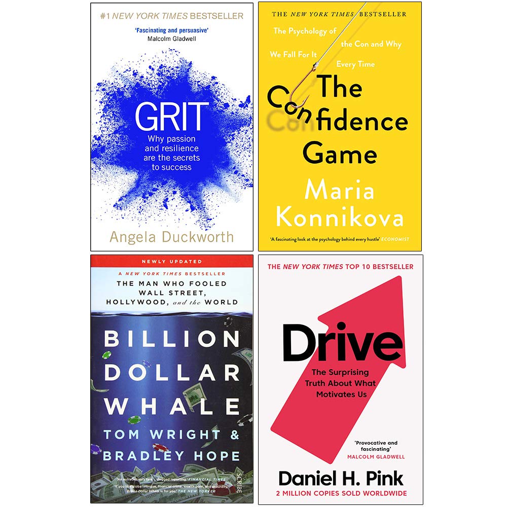 Grit: The Power of Passion and Perseverance, The Confidence Game, Billion Dollar Whale, Drive Daniel H Pink 4 Books Collection Set