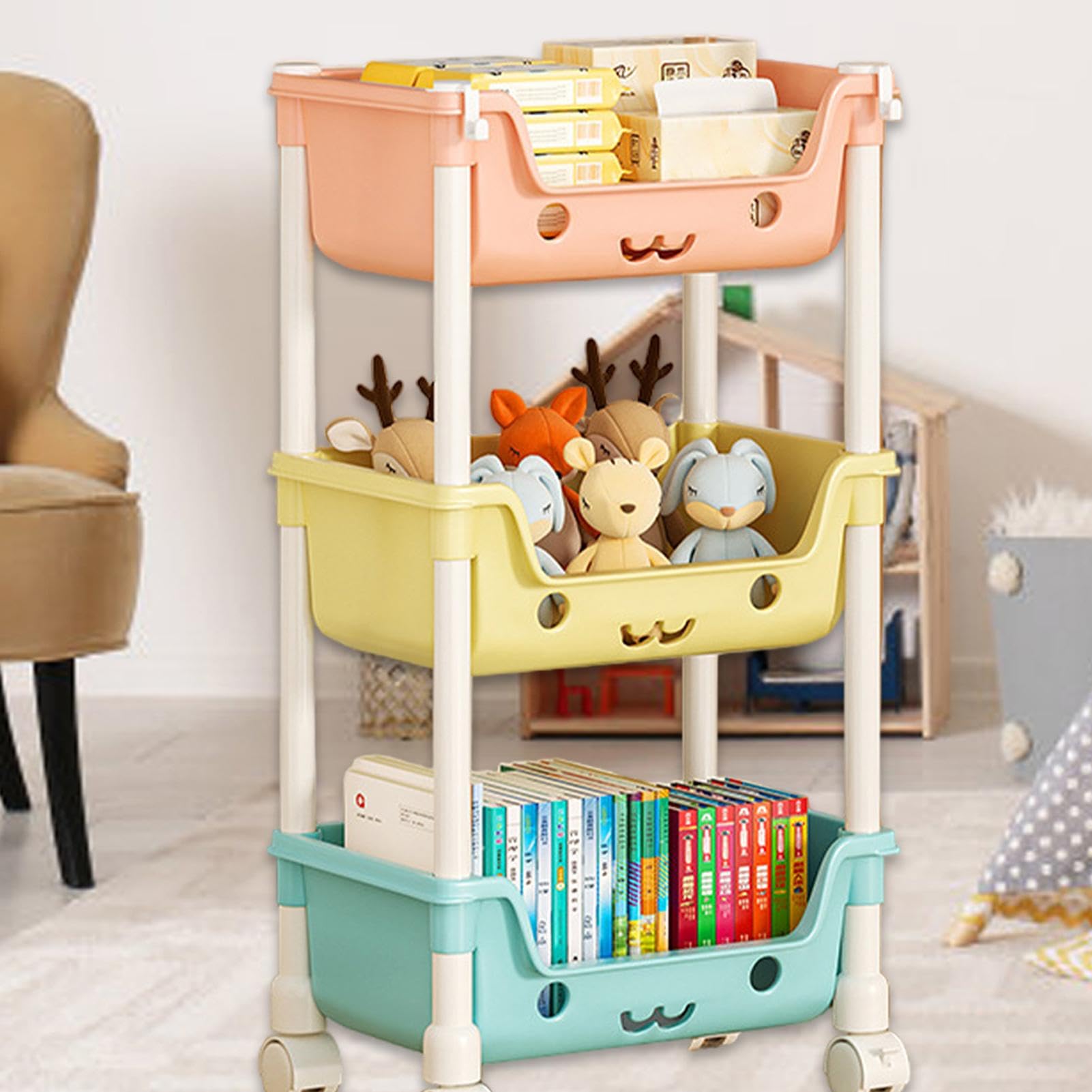 Estantería para juguetes para niños, organización y almacenamiento en la sala de juegos, estantería infantil de varios niveles con ruedas, organizador para niños, contenedor de almacenamiento