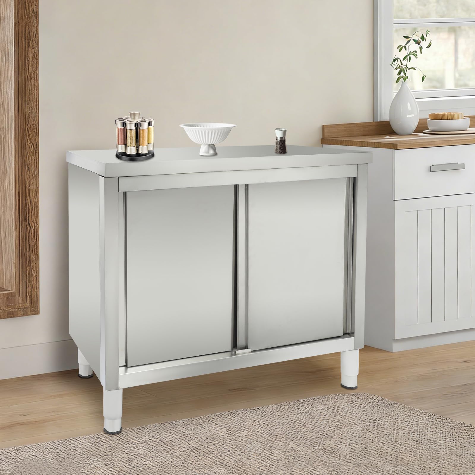Armadio da lavoro con ante scorrevoli, piano da lavoro in acciaio inox, armadio con piano da lavoro per cucina, armadio autoportante in acciaio inox, tavolo in acciaio inox per cucina
