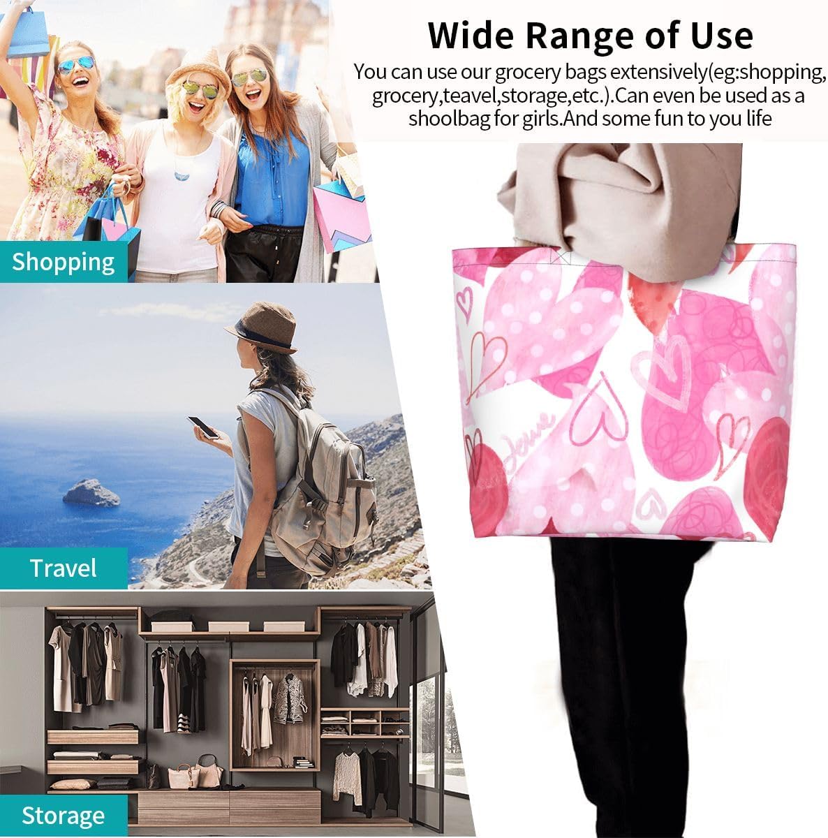 Pink Tote Bags for Women, Cute Pink Heart Print Purse, Reusable Shopping Handbags, Casual Travel Work Daily Waterproof Summer Grocery Shoulder Bag Holiday Gifts -Large - Image 6