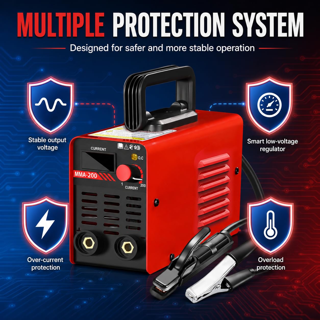 Spawarka elektrodowa MMA 200A, spawarka łukowa 220V z wyświetlaczem LED, zestaw z hełmem spawalniczym, młotek żużlowy, szczotka z gorącym startem, siła łuku i antykijowa, kompletny zestaw