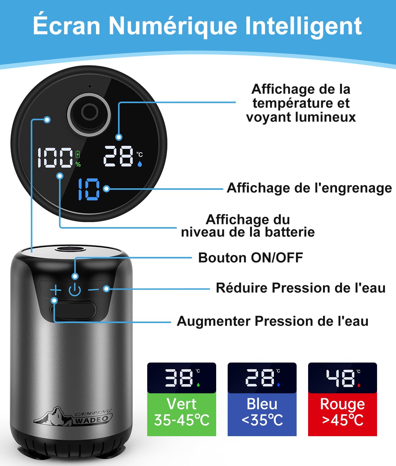 WADEO Douche de Camping Portable, Affichage Numérique Intelligent, 10 Vitesses de Commutation, Rechargeable 8000mAh, IPX7 étanche pour Camp, Randonnée, Voiture, Bain des Animaux