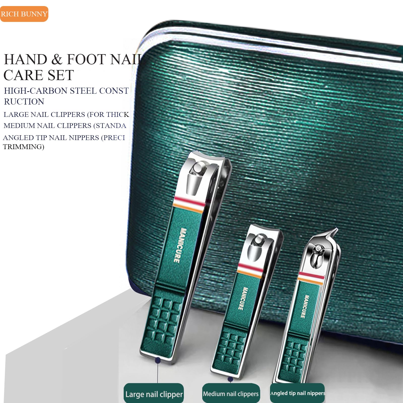 Rich Bunny 11PCS Manicure & Pedicure Tools & Accessories,Nail Care Kit with Compact Hand Case and Gift Box,Stainless Steel Nail Set,Nail clippers Set for Women & Men,Nail cleaning Care kit(Dark Green) - Image 3