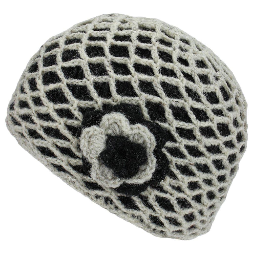 Loud Hats Women's Winter White Crochet Wool Hat With Side Flower Applique
