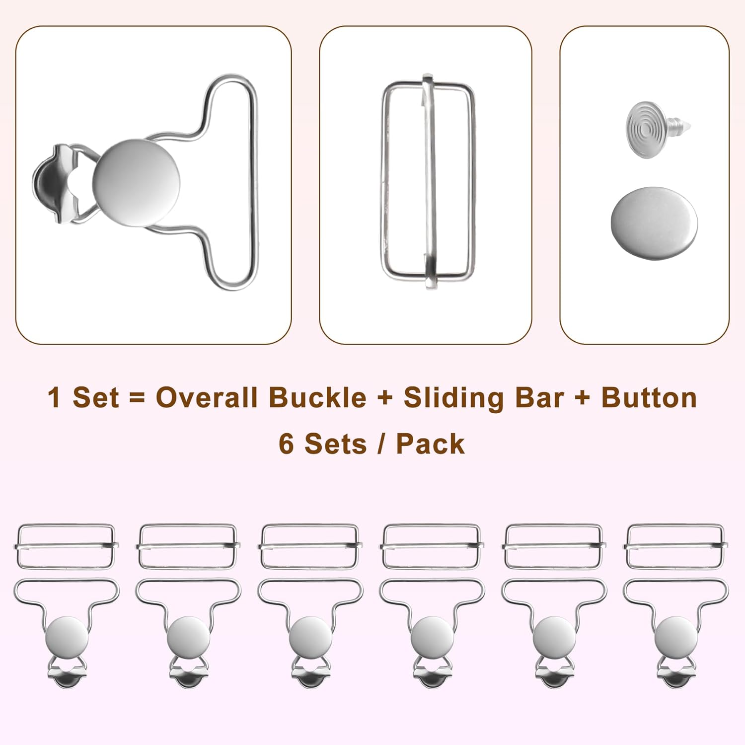 6 Sets Metal Overall Buckles Replacement Overall Clasp Replacement Suspender Clips with Adjustable Tri Glide Buckle Slider and Buttons - Image 3