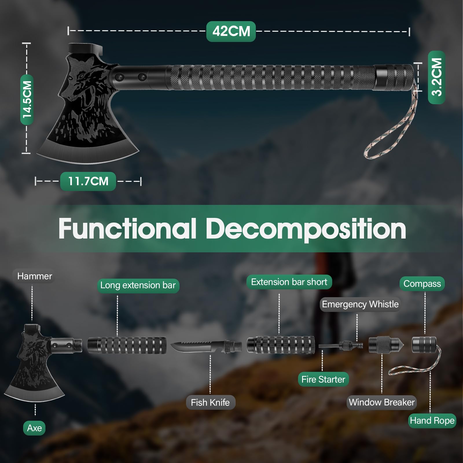 FUSIONKEI Survival Axe 10 in 1, Outdoor Adventure Tactical Axe, Sharp Camping Hatchet with Outdoor Knife, Compass and Hammer, Multi-Purpose Tool for Forest Travel, Hunting and Camping