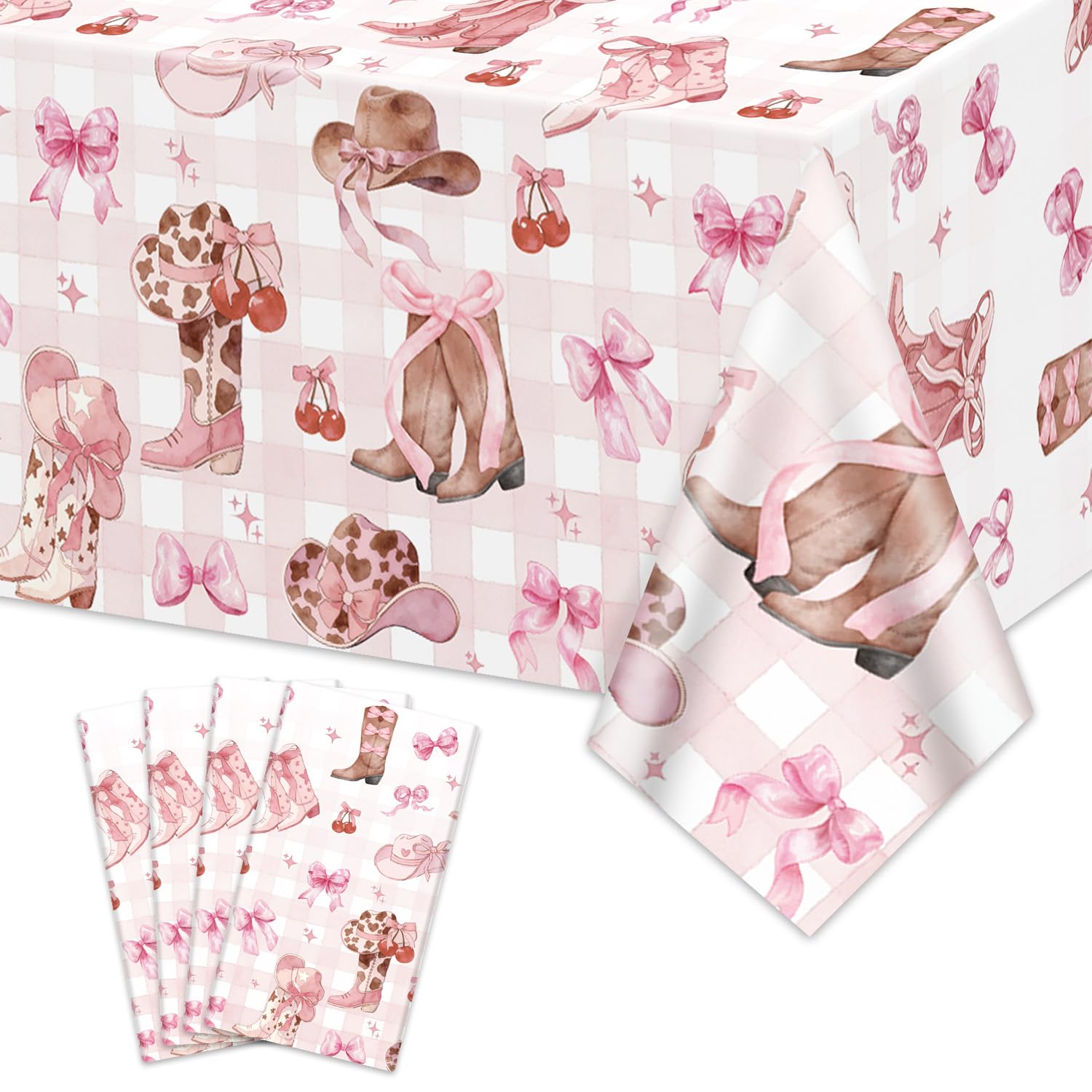 APUXXJUPA 4 Pcs Bow Cowgirl Tablecloths, Pink Bows Cowgirl Hats Boots Cherry Print Tablecloths for Western Decorations Coquette Themed Supplies Wedding Baby Shower Cherry Birthday Decor, 130 x 220 cm — image 1