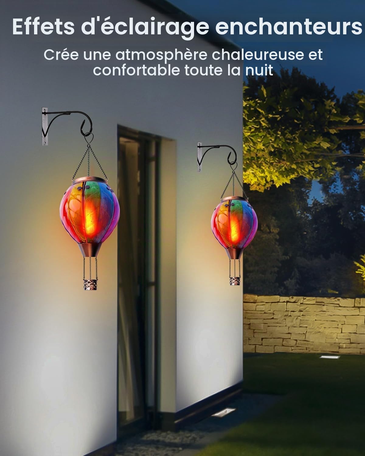 Klarlight Ballon à Air Chaud Lanterne Solaire, Arc-en-Ciel Verre Tache LED Lumières, Imperméable Suspendue Lanterne Solaire avec Lampe de Flamme Clignotant pour Arbre de Cour, en Métal et en Verre
