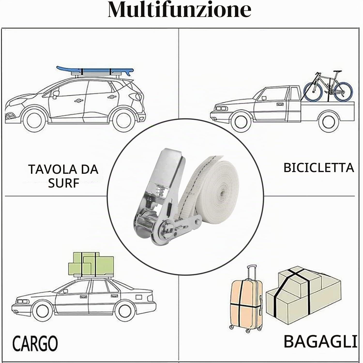 NIUXX Cinghie di serraggio con cricchetto, 6 m x 25 mm, carico 800 kg, cinghie di ancoraggio estremamente robuste per fissaggio del carico, bianco (2)