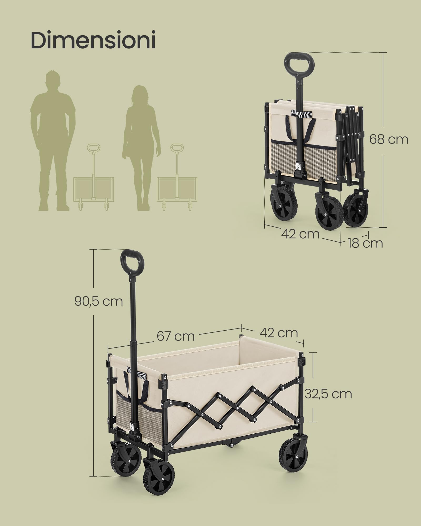 SONGMICS Carrello da Spiaggia Pieghevole 90 L 180 kg con Ruote Beige Sabbia
