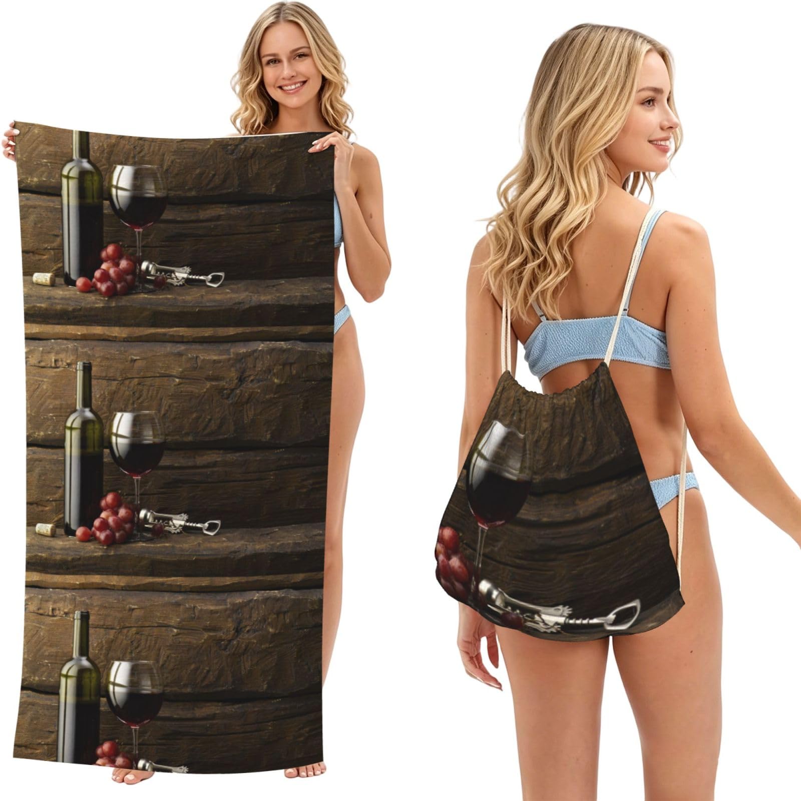 Poadnly As Picture Grapes Bottle And Glass Of Red Wine, 2 In 1 Packable Towel Bag, Beach Towels With Drawstring Backpack For Travel Holiday Camping