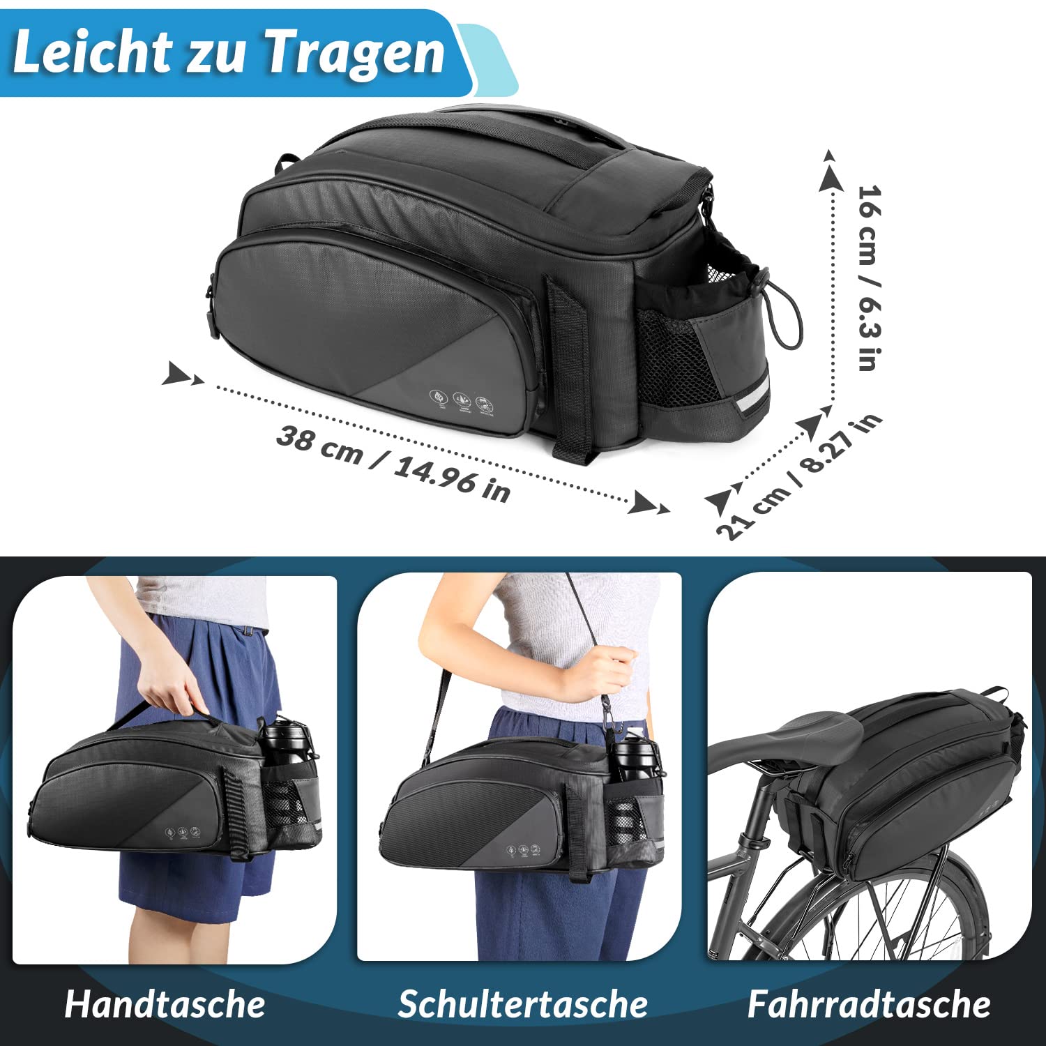 Eyein Fahrradtasche für Gepäckträger 12L - Mit Regenschutz - Wasserfest & Reflektierend Fahrrad Gepäckträgertasche als Umhängetasche und Handtasche - Mit Schultergurt und Flaschenhalter
