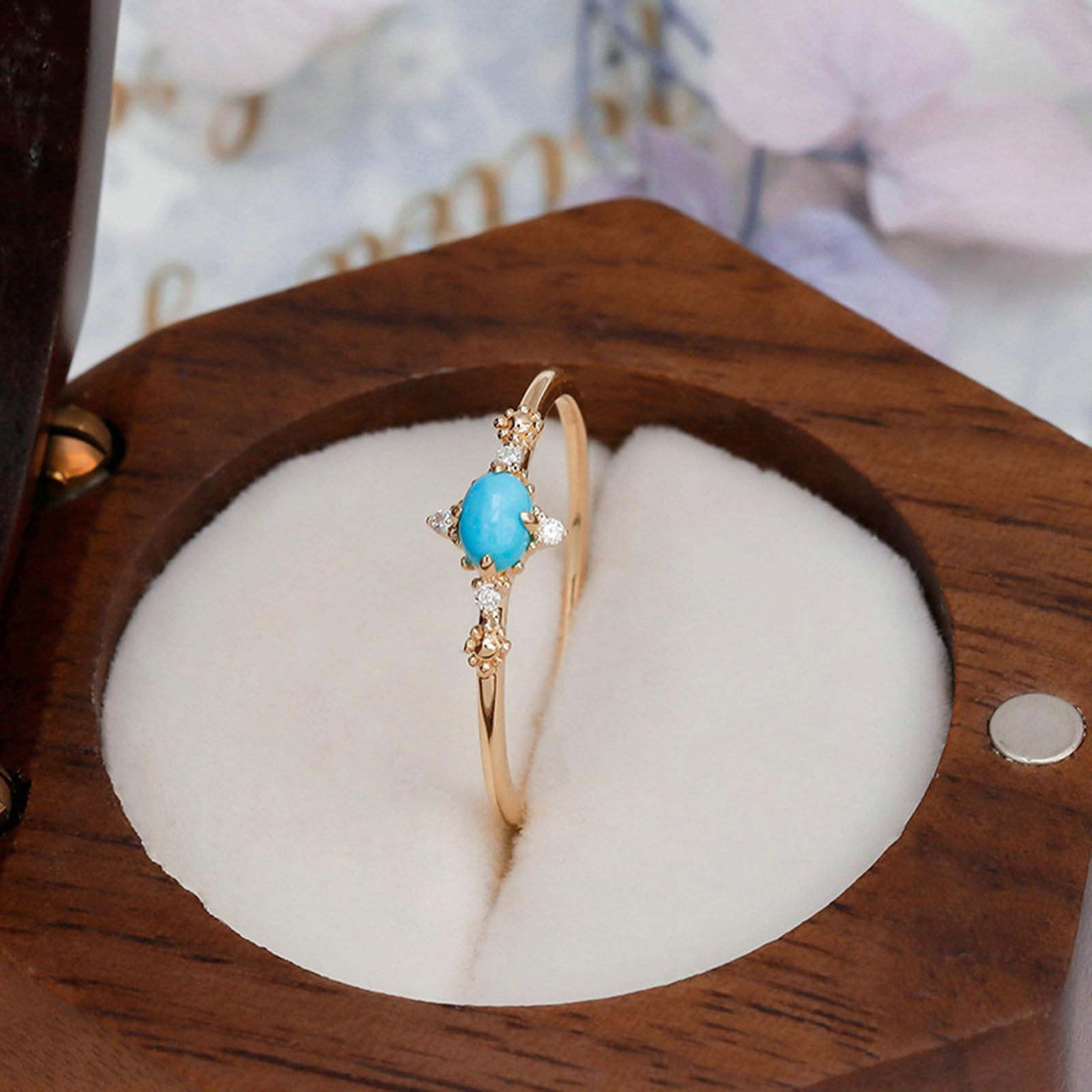 Anello Promessa Donna, Anello Promise Sottile per Donne con Turchese e Moissanite in Oro giallo