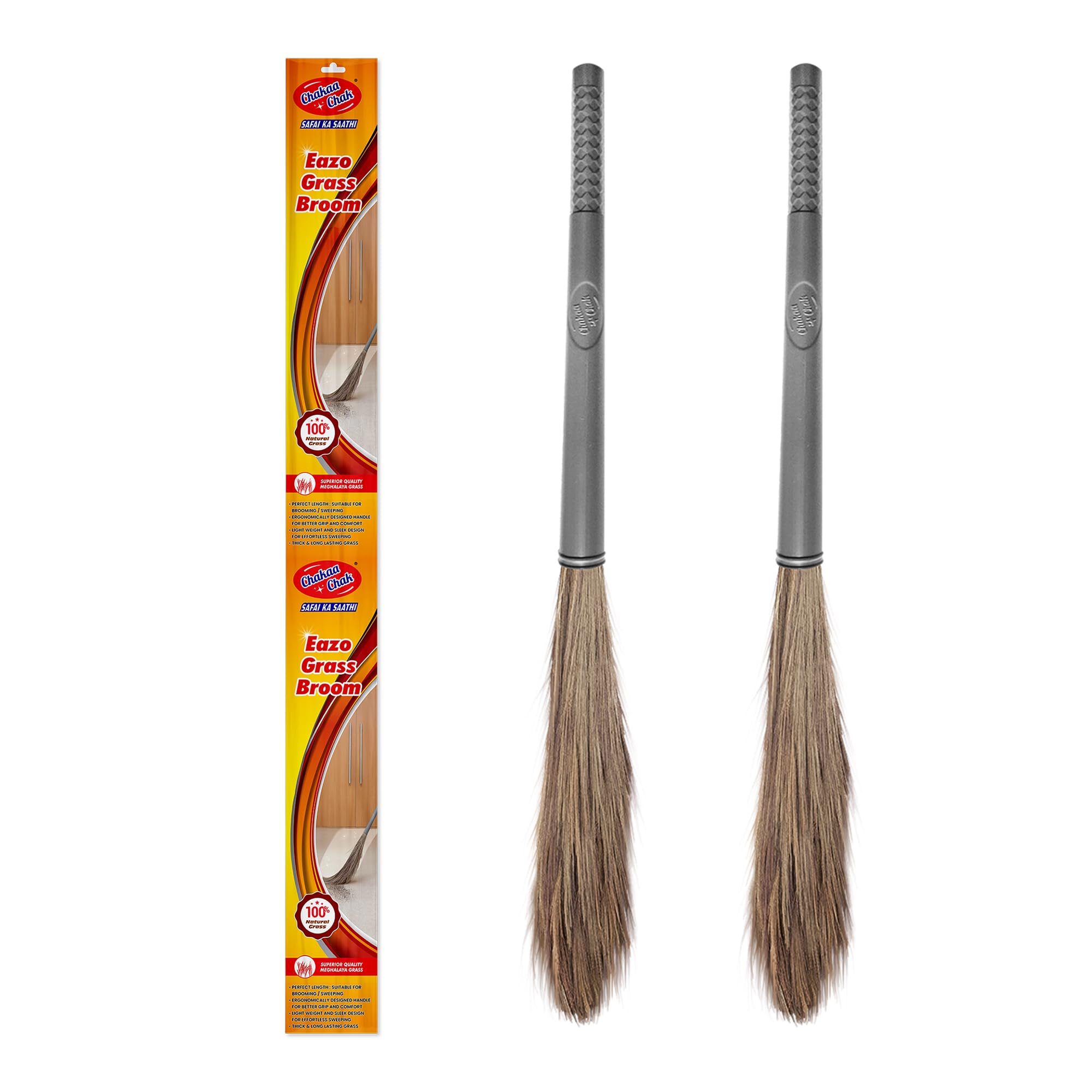 Chakaachak Eazo Grass Broom (Pack of 2)| Meghalaya Grass Jhadu for Home Cleaning | Long Lasting & Durable Zadu | Removes Fine Dust from Floor & Ceiling | Plastic Handle | Lightweight & Eco-Friendly