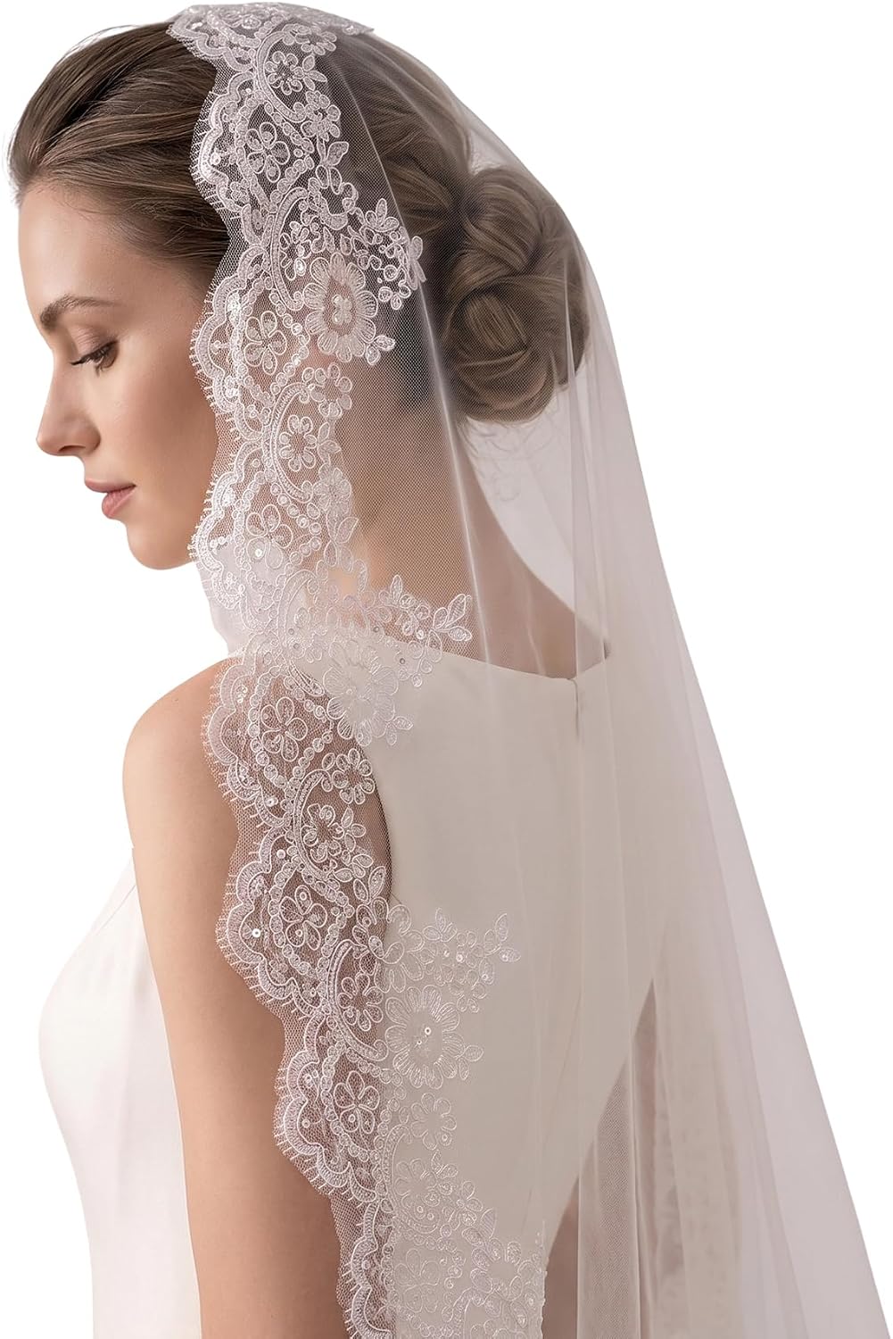 Mantilla Veil Lace Sequin Edge Fingertip Length Wedding Veil with Comb for Bride