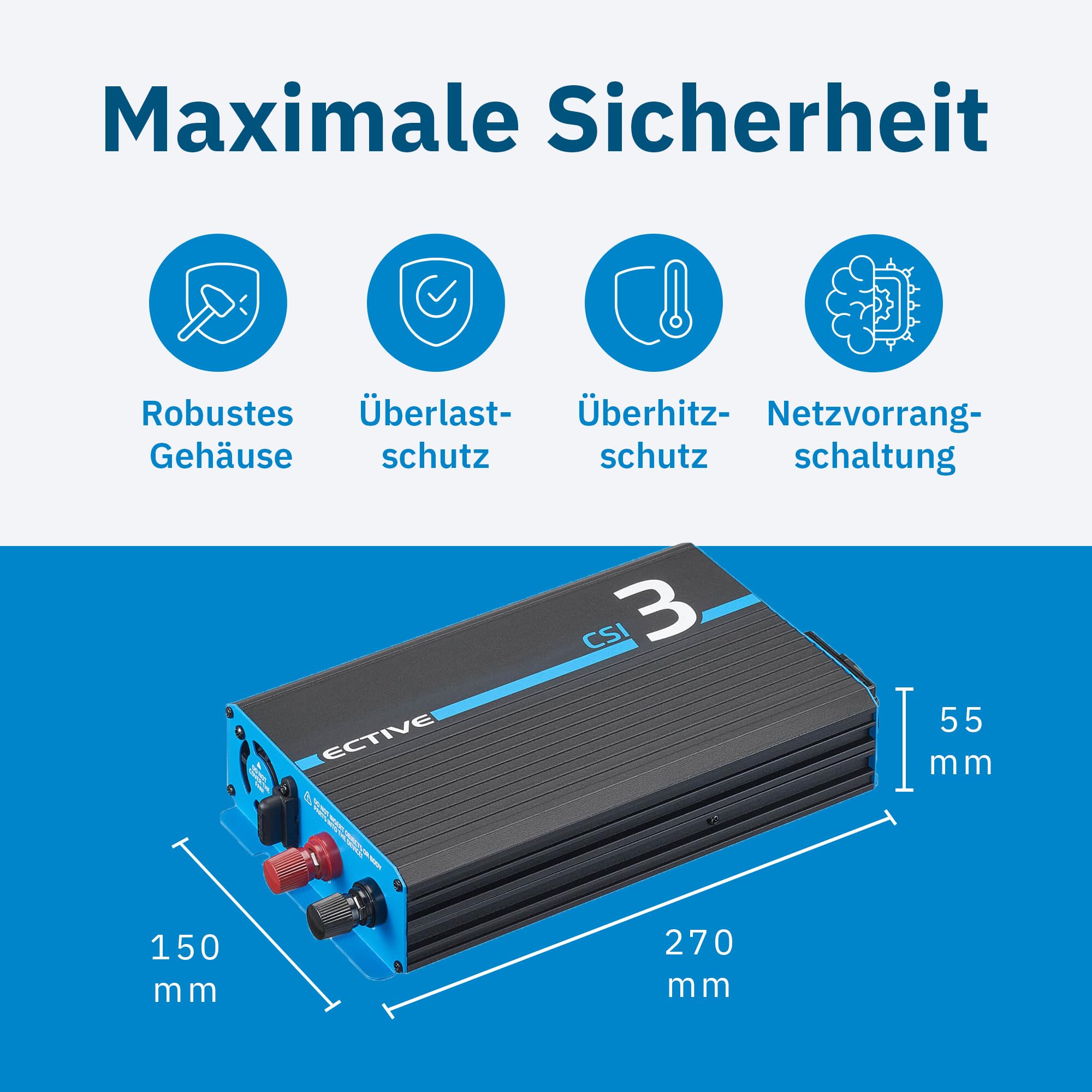 ECTIVE - Wechselrichter 12V auf 230V CSI 3-300W Reine Sinuswelle - Offgrid-Spannungswandler DC/AC Strom mit USB, Überlast- & Überhitzungsschutz, NSV & USV Funktion und Batterieladefunktion bis 10A
