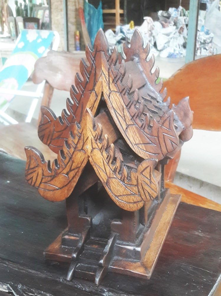 CONSERVE Thailand: Spirit House (Medium Sized) 10 x 5 x 10 inches, Hand Made Wood Carving Thai Vintage Design.