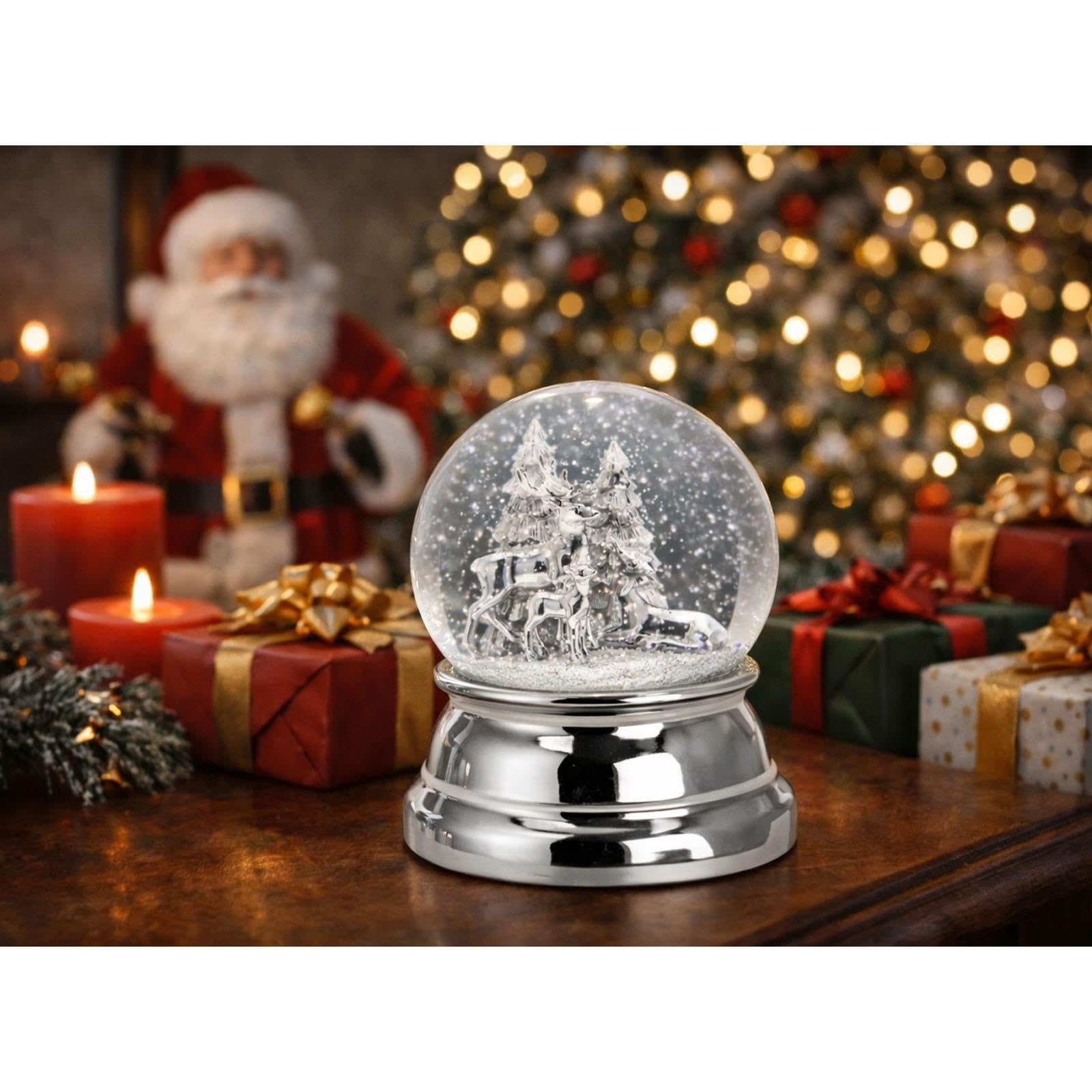 Große versilberte Glas Schnee-Kugel mit Rentier & Tannenbäume Ø 10 cm - Chrismas Deko Schüttelkugel - Traumkugel für Winter & Weihnachten