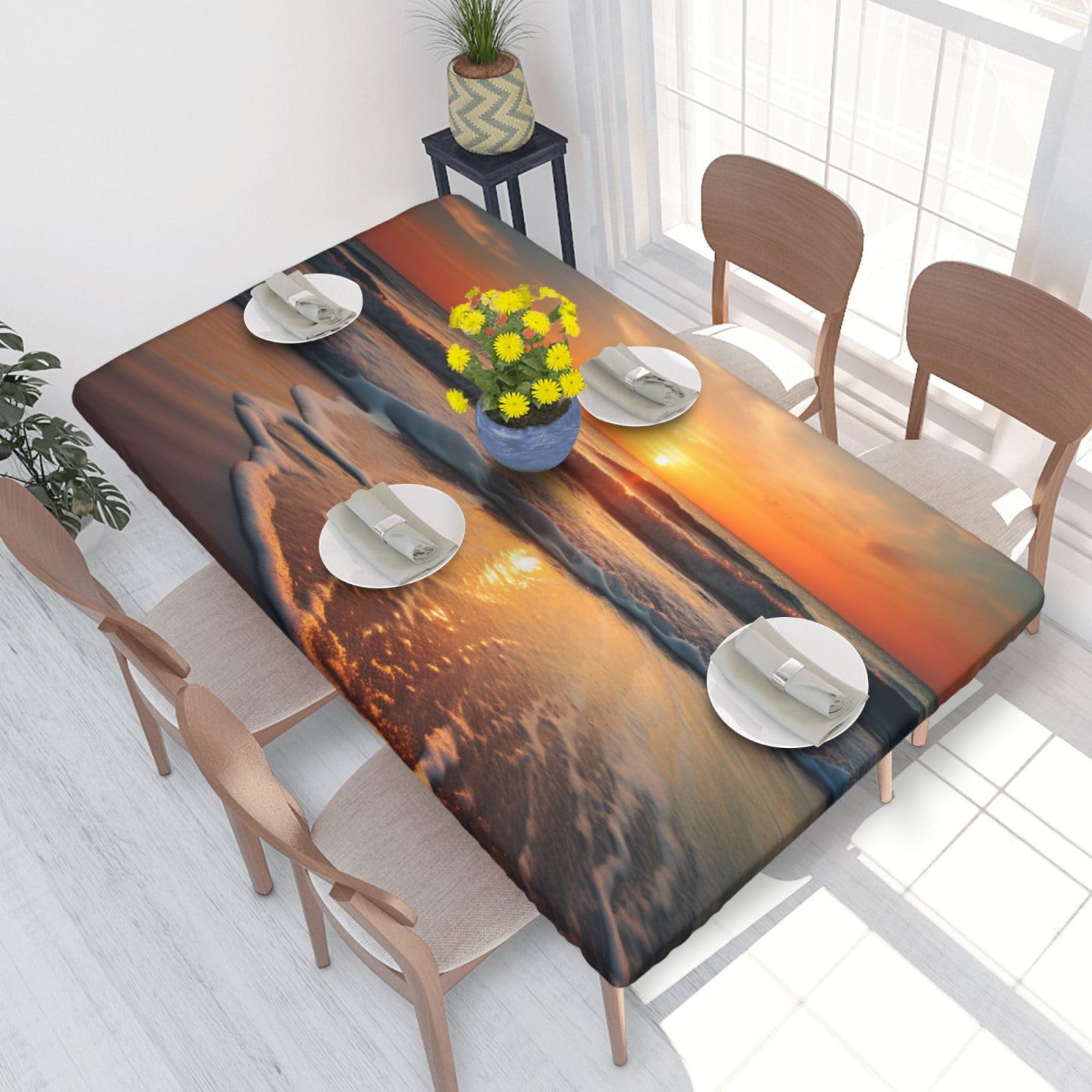 DCARSETCV Beach Sunset Printed 4FT Waterproof Tablecloth with Elastic Edged Protect & Decor Your Table, Oil-proof Washable Table Cloth Cover for Dinner Picnic Party