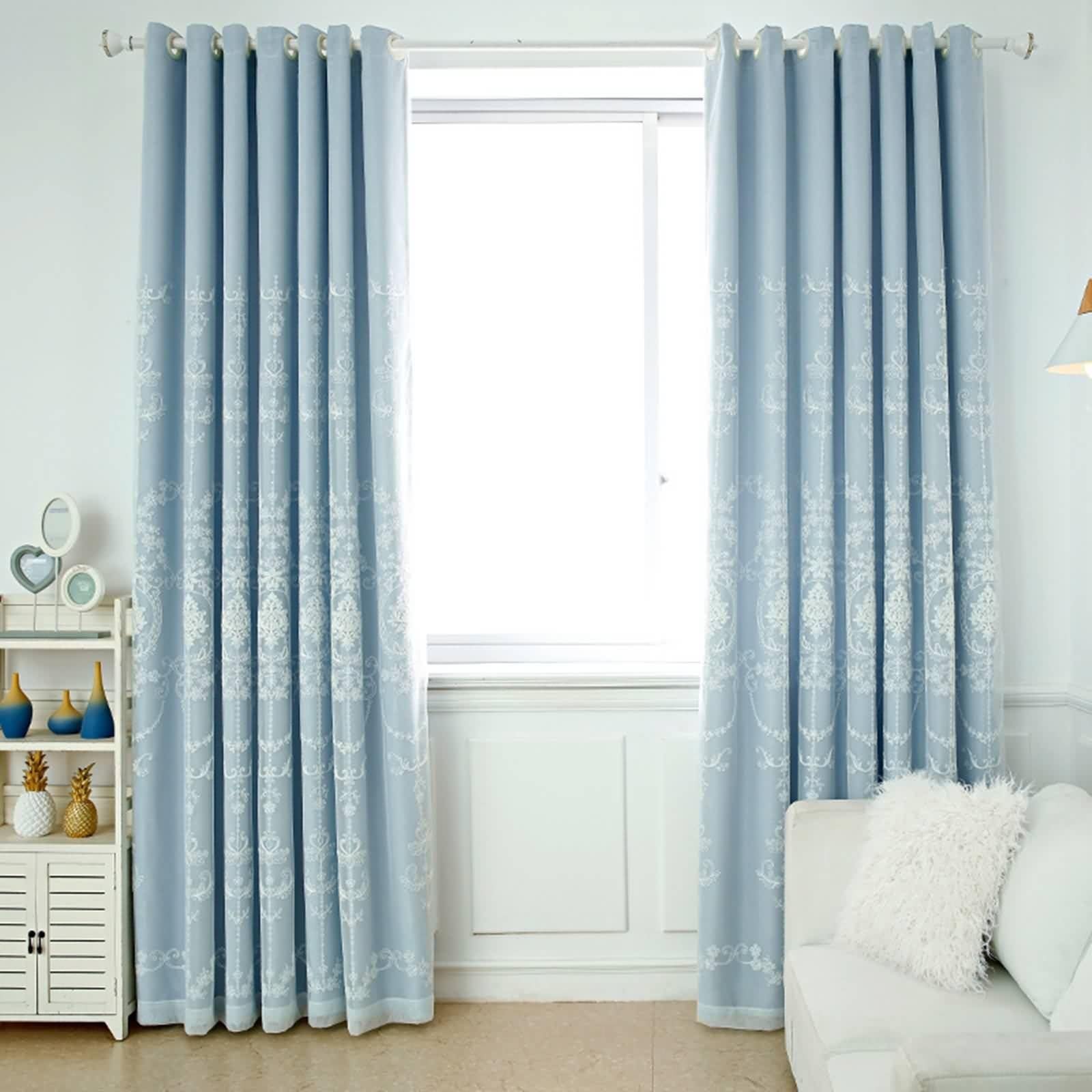 Rideau Bleu Anniversaire, Rideau Salon Tissu Uni et Voile À Broderies Florales Lin et Fil Occultant 200L x 270H CM Lot de 2