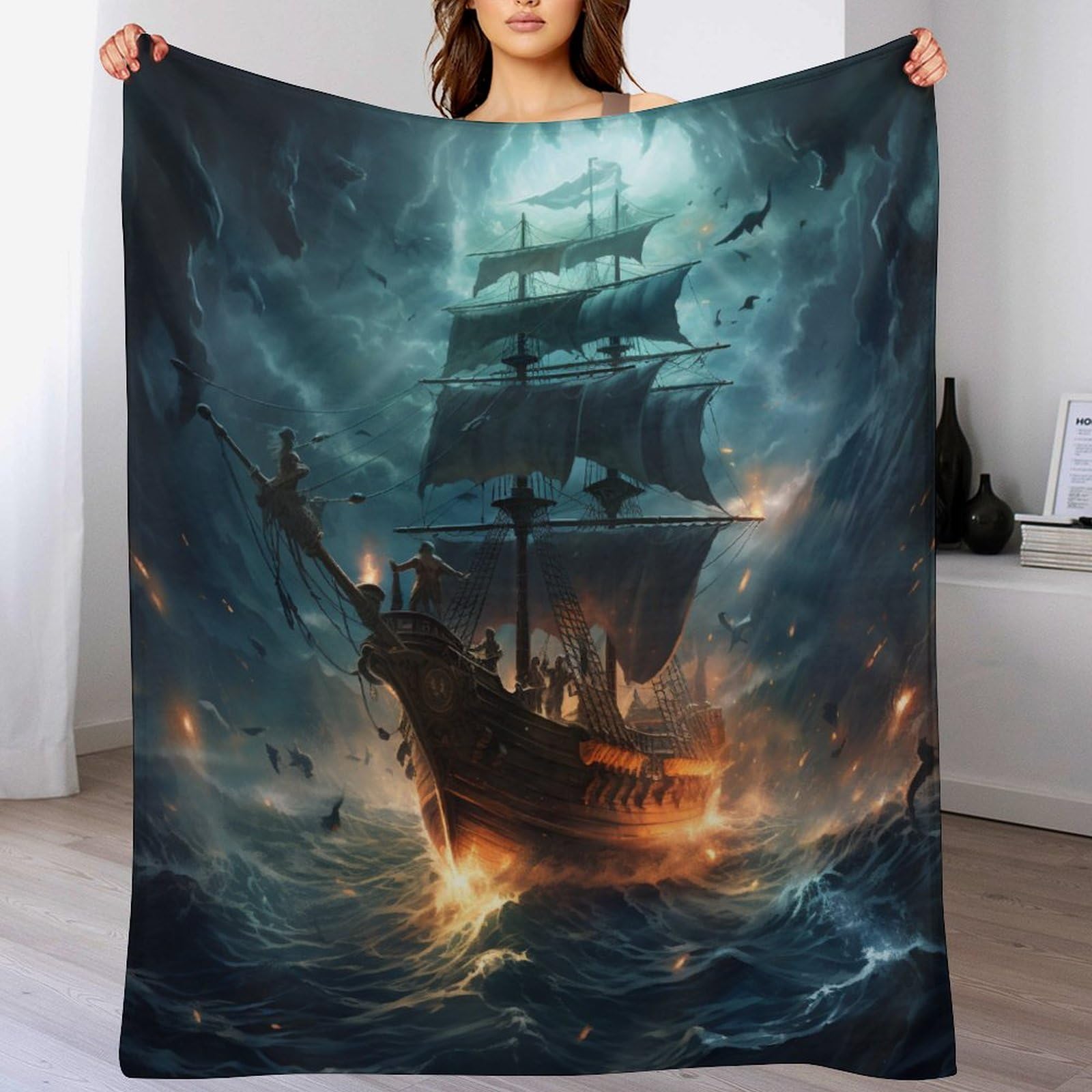 AAPZY Pirate Ship Super Soft Plush Throw Blanket Decorative Fuzzy Warm Cozy Fur Throws for Sofa, Couch, Chair, Anti-pilling Quality Washable Bed Blanket, （130×180cm）