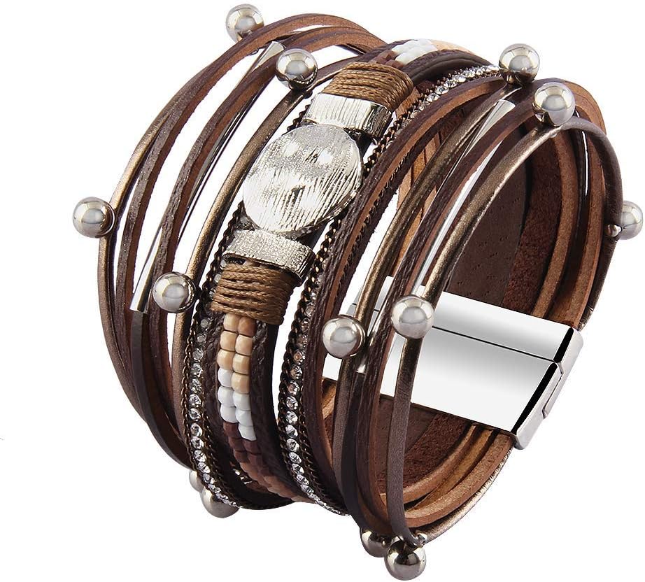 GelConnie Leather Wrap Bracelet Boho Cuff Bracelets Crystal Leather Bracelet Magnetic Multi Strand Bracelets Bohemian Bracelet Leather Wristbands Bangle Jewelry for Women Teen Wife Mother
