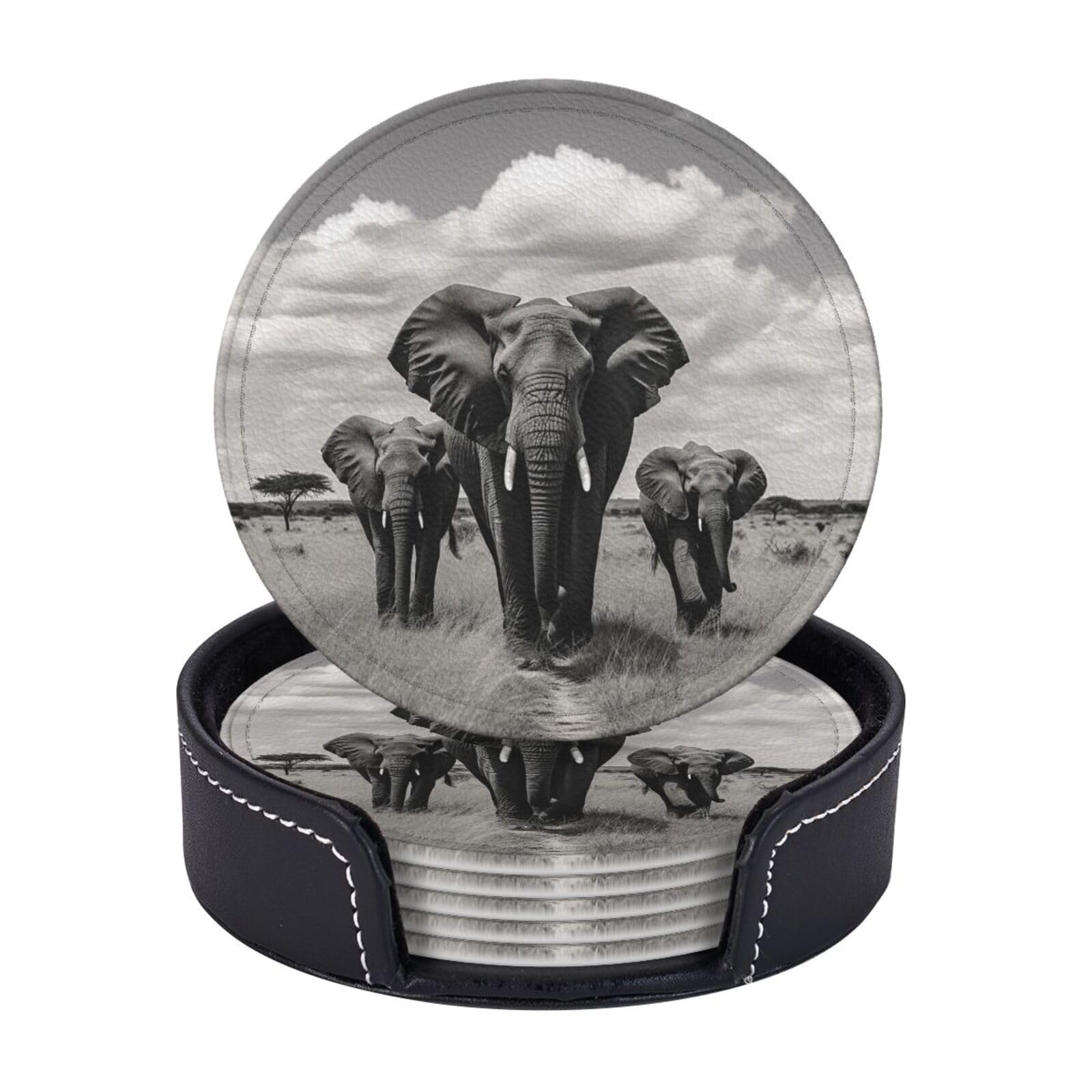 Leather Coasters for Drinks Set of 6, Elephant Walking Coaster with Holder,Non-Slip Cups Mugs Mat Pad Funny Round Coasters for Tabletop Protection Desk Accessories Office Home Room Decor