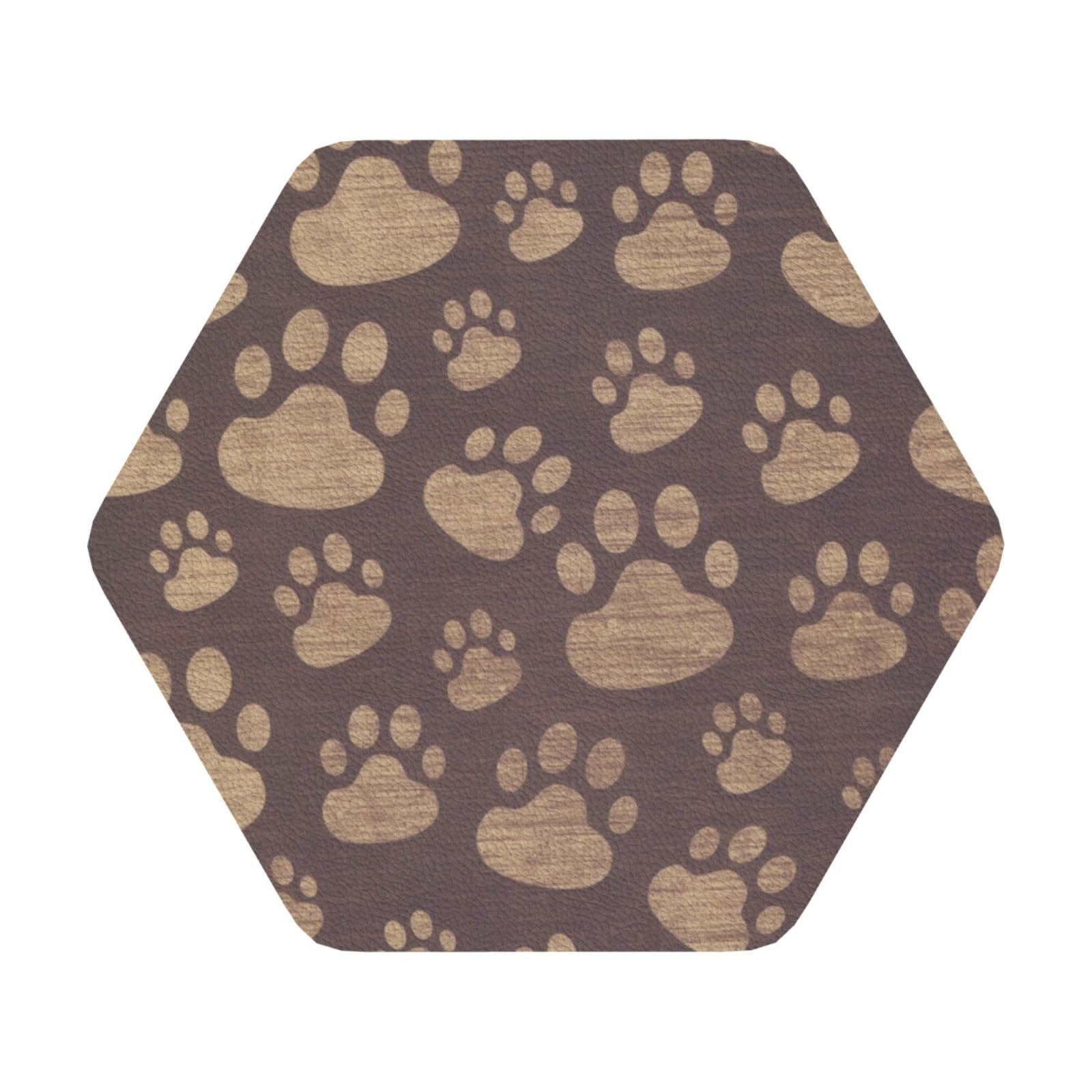 Paw Prints Art PU Leather Coasters Set of 6 Hexagon Drink Coasters