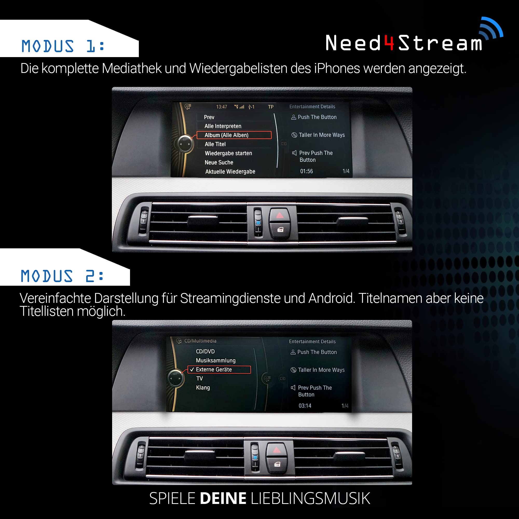 Need4Stream kompatibel mit BMW Radio M-Ask/Champ, Professional 1-DIN und CIC, Navigation iDrive CCC und CIC, N4S300B Bluetooth Audio Interface mit Titellisten, geeignet für iPhone und Android