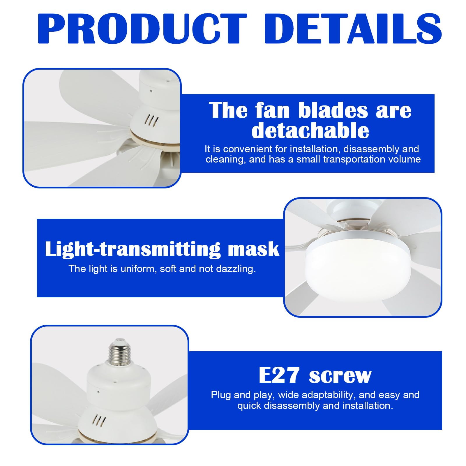 Ventilateur de Plafond avec Lumière et Télécommande, 52CM, 6 Pales, 3 Vitesses, 40W E27, Blanc
