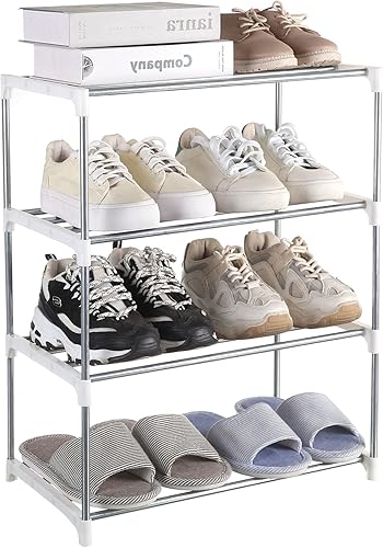 Fouews Zapatero pequeño organizador estrecho apilable para entrada puerta y armario de dormitorio 4 niveles blanco