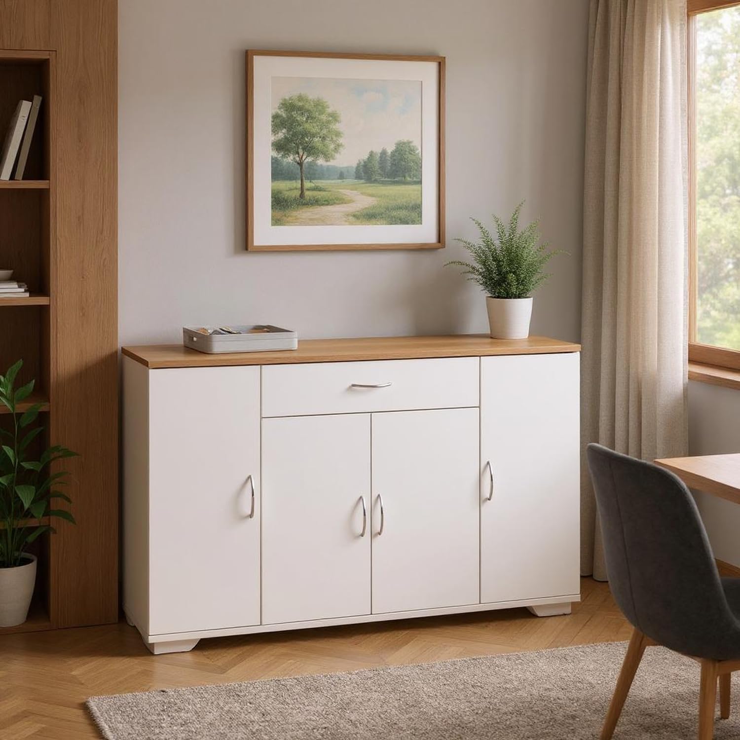FurnitureR Armadietto bianco, stile moderno, materiale MDF, compatto e funzionale, con tre ante e un cassetto