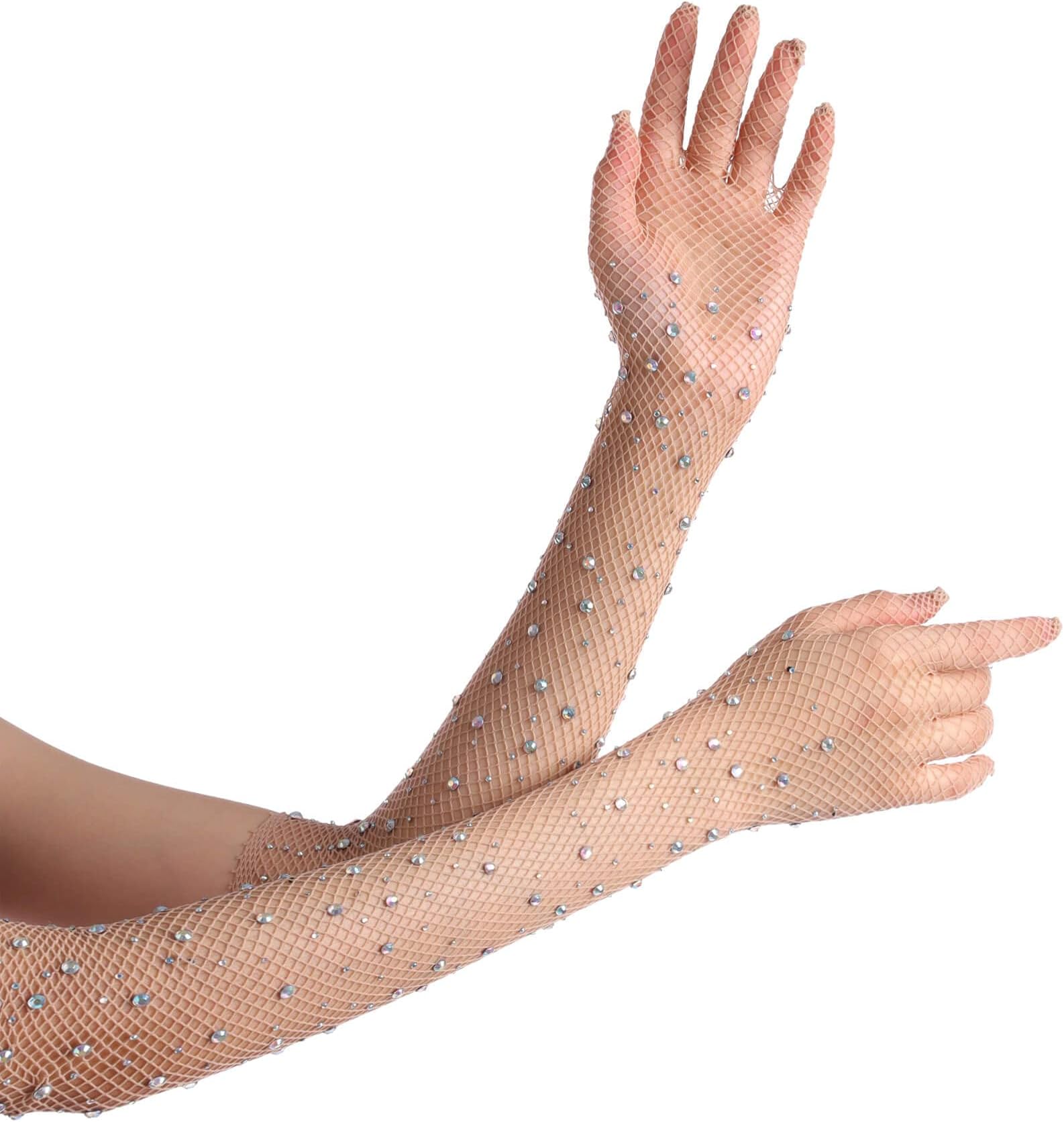 Women Rhinestone Fishnet Long Gloves Mesh Sparkly Glitter Fashion Opera Gloves For Party Halloween Costumes Accessories