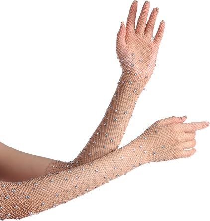 OTPEH Women Rhinestone Fishnet Long Gloves Mesh Sparkly Glitter Fashion Opera Gloves For Party Halloween Costumes Accessories