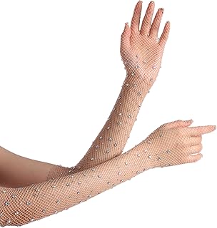 Women Rhinestone Fishnet Long Gloves Mesh Sparkly Glitter Fashion Opera Gloves For Party Halloween Costumes Accessories