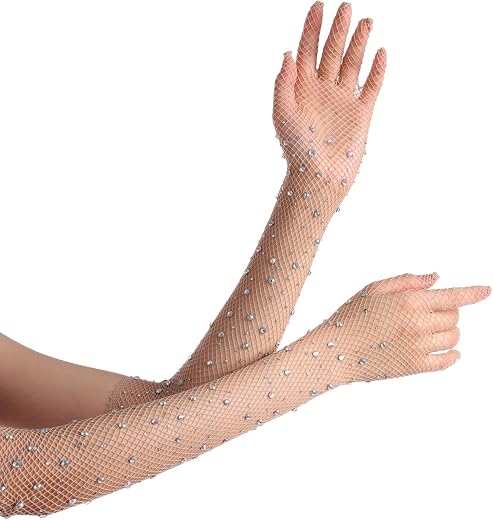 Women Rhinestone Fishnet Long Gloves Mesh Sparkly Glitter Fashion Opera Gloves For Party Halloween Costumes Accessories, N...