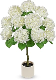 Hollyone Artificial Hydrangea Tree 3FT White Hydrangea Artificial Flowers Tree in Pot Fake Hydrangeas Plants & Flowers in Planter Greenery Potted Plant Indoor Outdoor Front Door Porch Home Decor