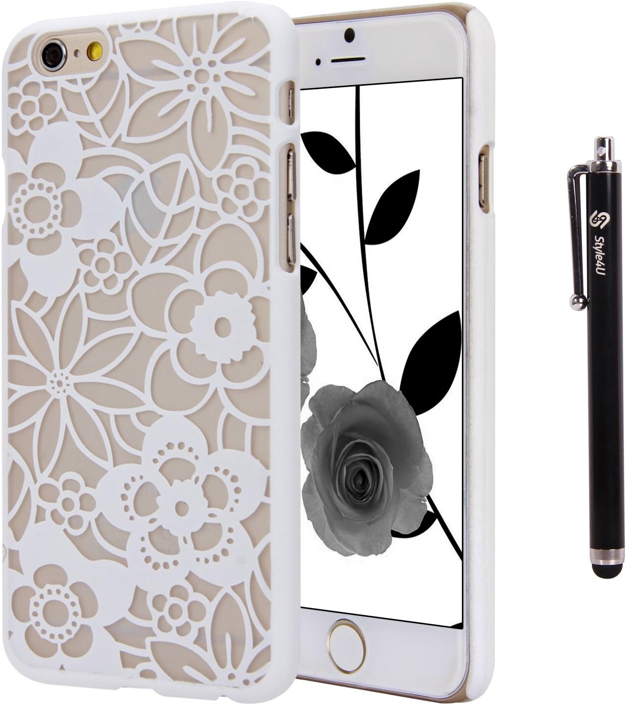 iPhone 6 Case, Style4U iPhone 6 [White] Flower Design Slim Fit Case Cover for Apple iPhone 6 4.7 Inch with 1 Stylus and 1 HD Clear Screen Protector [White]