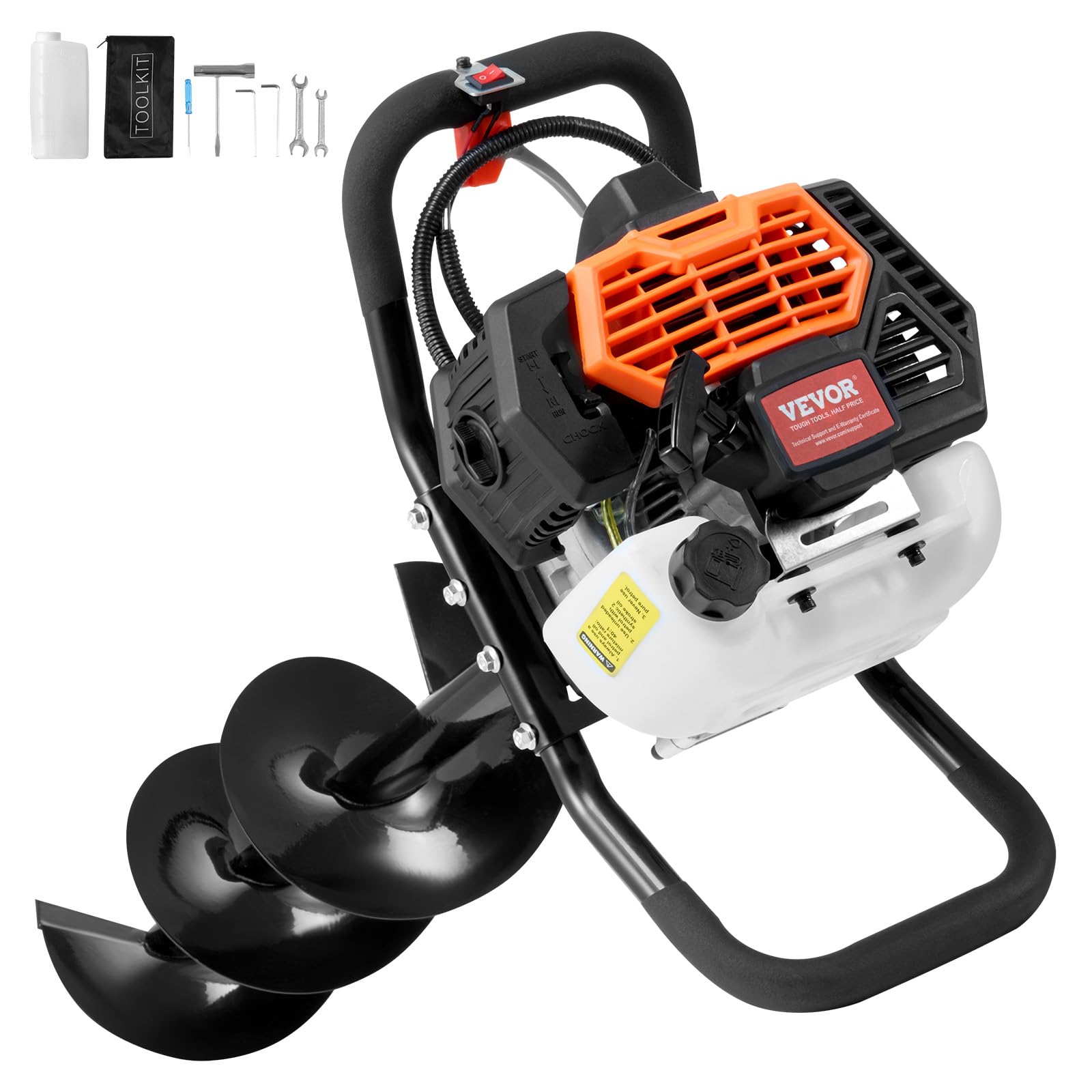 VEVOR Excavadora de Pozos a Gasolina de 43 cc y 1250 W Barrena para Postes a Gasolina con Brocas de 200 mm Excavadora de Pozos para Vallas de Postes, Cultivo, Jardín, Plantas, Naranja y Negro