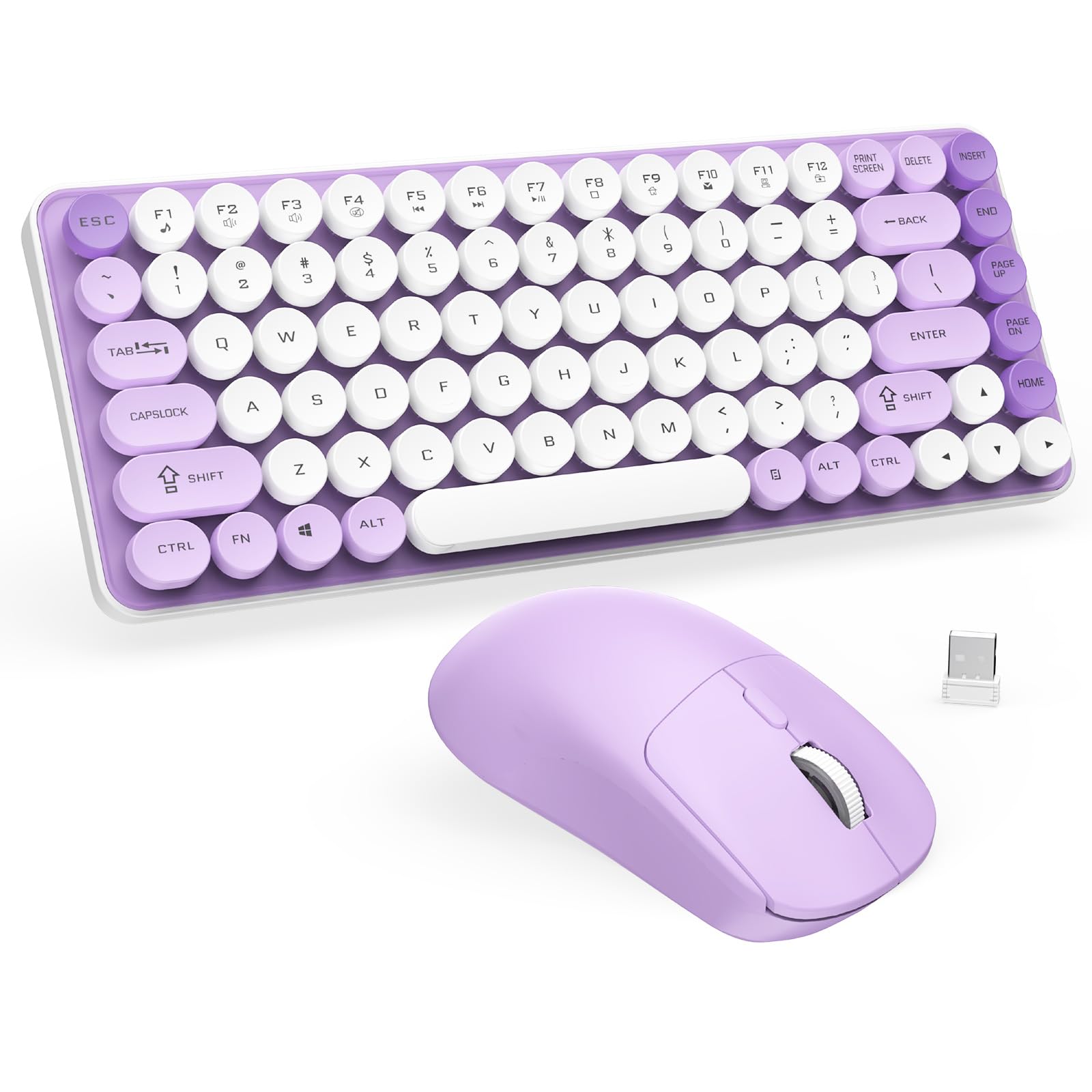 SOPPY Tastiera wireless e mouse combinata, tasti rotondi, tastiera retrò a 85 tasti, modalità Bluetooth/2,4 GHz, compatta ed ergonomica, compatibile con PC/desktop/laptop/Windows, layout USA, viola