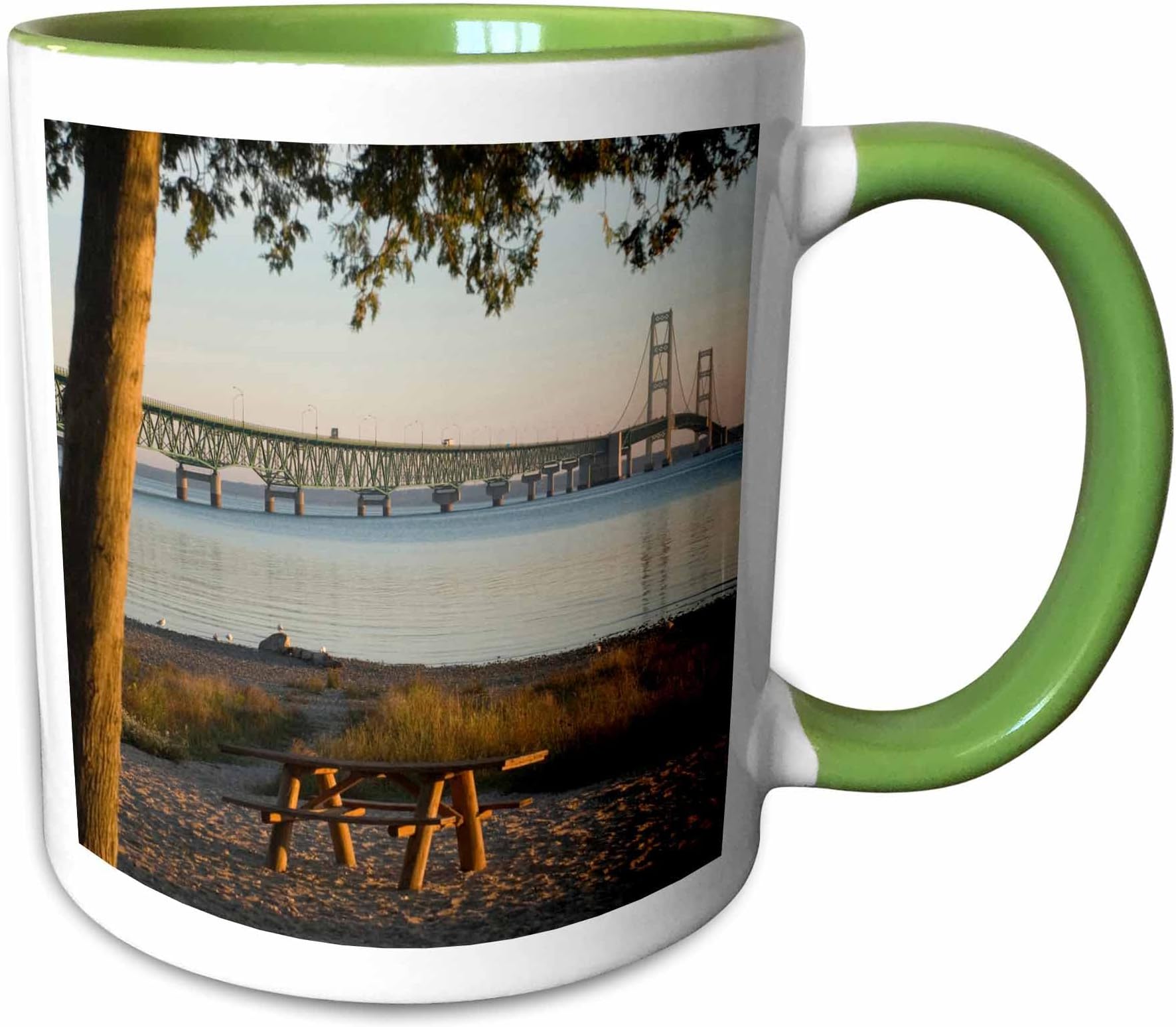 3dRose USA, Michigan, Mackinaw City, Mackinac Bridge - US23 PHA0004 - Peter Hawkins 11oz Two-Tone Green Mug