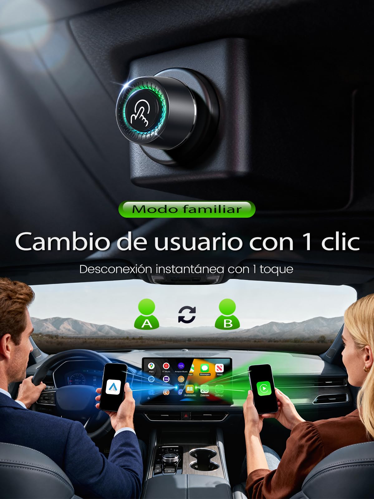 Adaptador CarPlay Inalámbrico, Cambio de Usuario con Botón, Android Auto Inalámbrico, 2026 Extra Pequeño, Conexión Estable sin Sobrecalentamiento, Compatible iOS 10+ y Android 10+, USB-A/USB-C