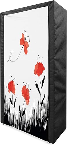 Ambesonne Poppy Flower Portable Fabric Wardrobe, Abstract Pastoral Landscape with Grass Flourishing Flora and Butterfly, Clothing Organizer and